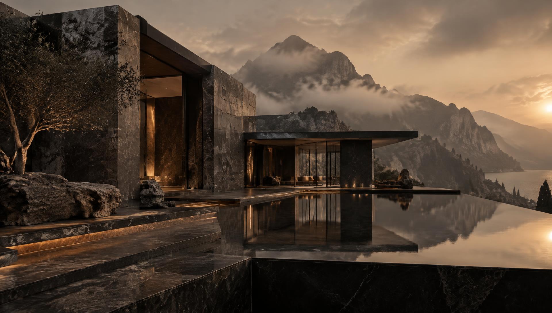 Dark stone residence carved into a mountain ridge above still water